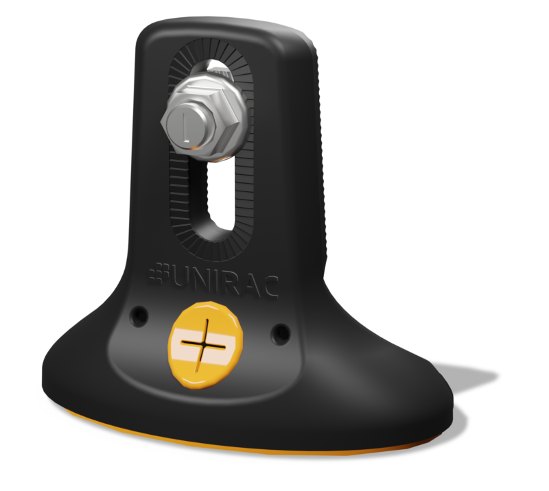 Isometric view of the Flashloc Comp solar racking attachment in dark finish.